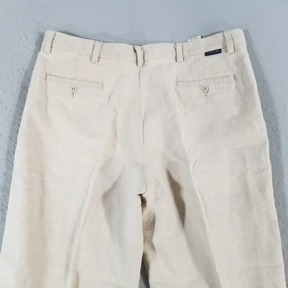 Dockers Pants Mens 40x29 Beige Linen Blend Classic Pleated Casual Dress Trousers
